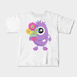 Spring Monster, Purple Monster, Colorful Flowers Kids T-Shirt